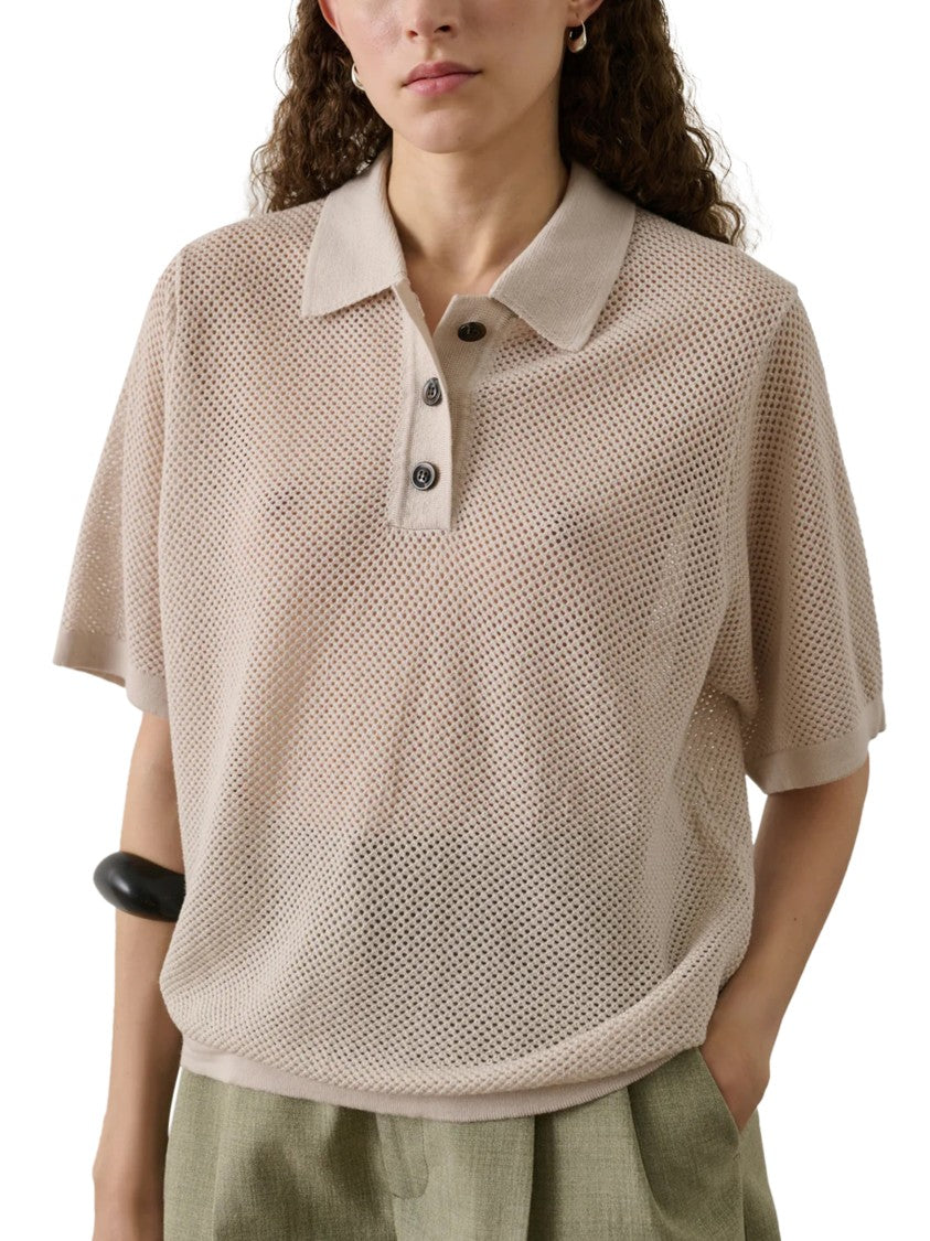 Soeur Textured Mesh Knit Top With Classic Polo Collar