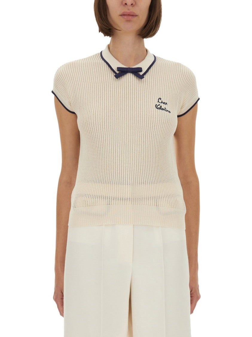 Valentino Textured Knit Slim-Fit Top With Bow Detail