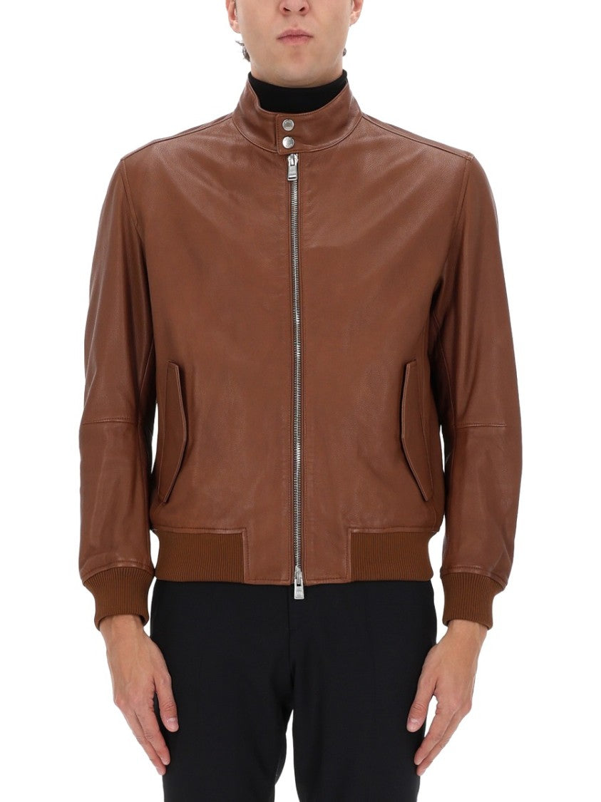 Boss Brown Leather H-Moiner Bomber Jacket
