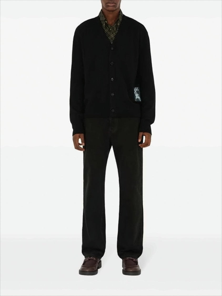 Burberry Classic V-Neck Black Wool Cardigan With Subtle Patch Detail