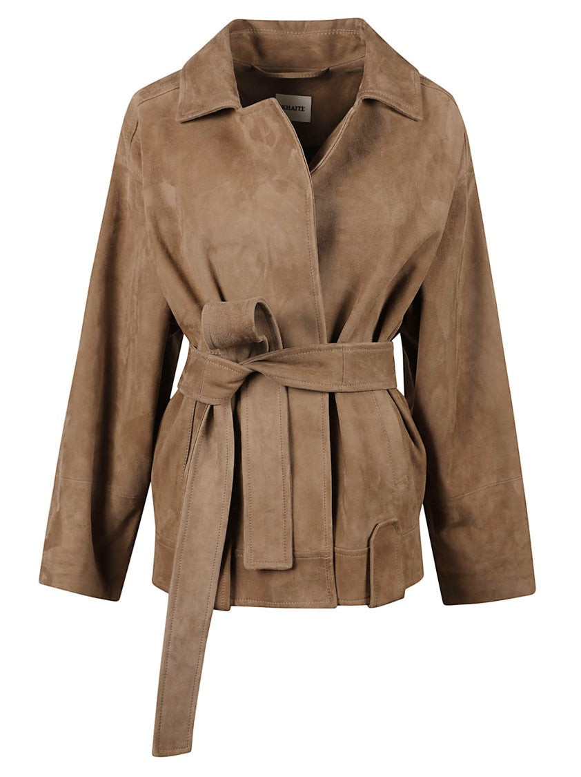 Khaite Brown Suede Jacket With Belted Waist And Cropped Silhouette