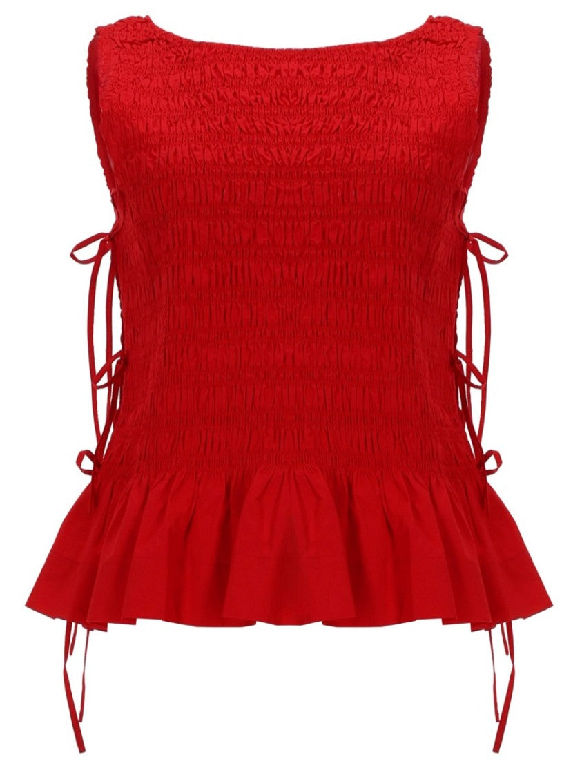 Ganni Smocked Bodice Ruffled Peplum Crop Top