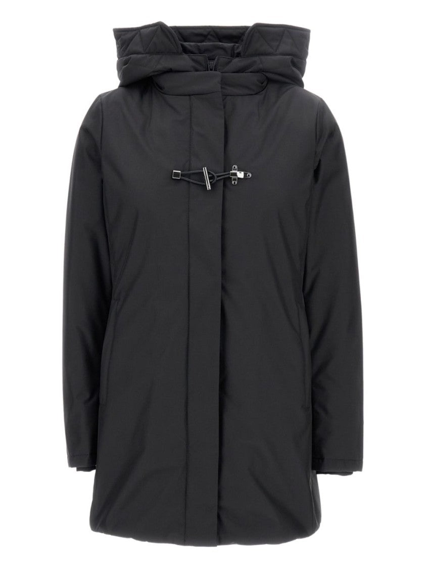 Fay Hooded Black Jacket With Quilted Detailing And Toggle Closure