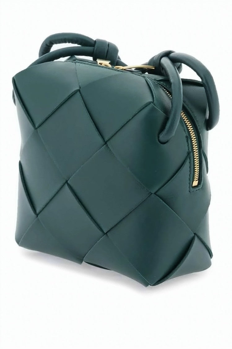 Bottega Veneta Structured Green Lambskin Crossbody Bag With Oversized Woven Pattern