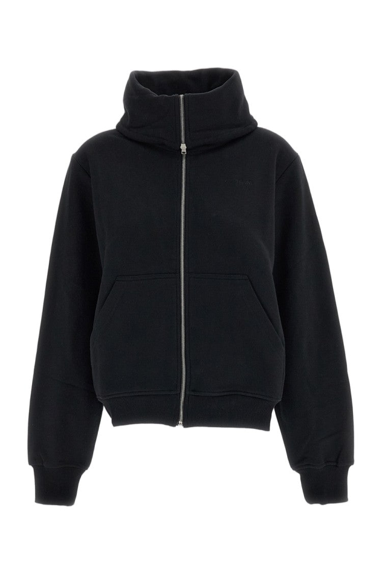 7 For All Mankind Black Cropped High-Neck Cotton Zip-Up Sweatshirt