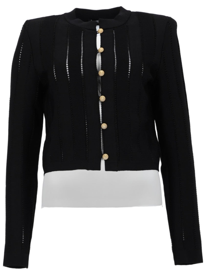 Balmain Cropped Cardigan With Vertical Open-Knit Stripes And Gold-Tone Buttons