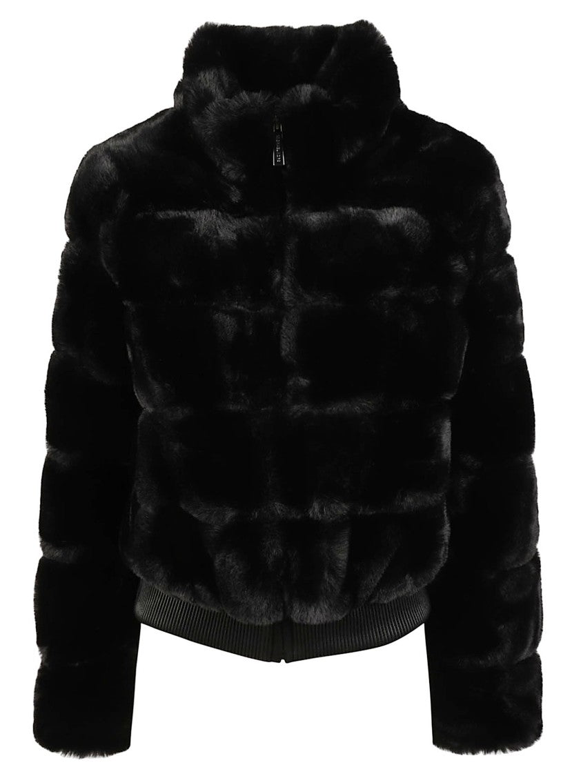 Michael Kors Short Plush Faux Fur High Collar Bomber Jacket