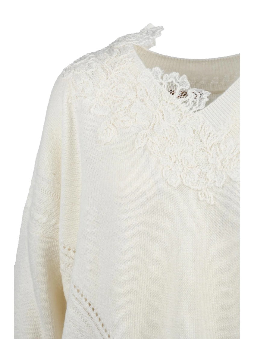 Ermanno Scervino White Embroidered Merino-Cashmere V-Neck Sweater
