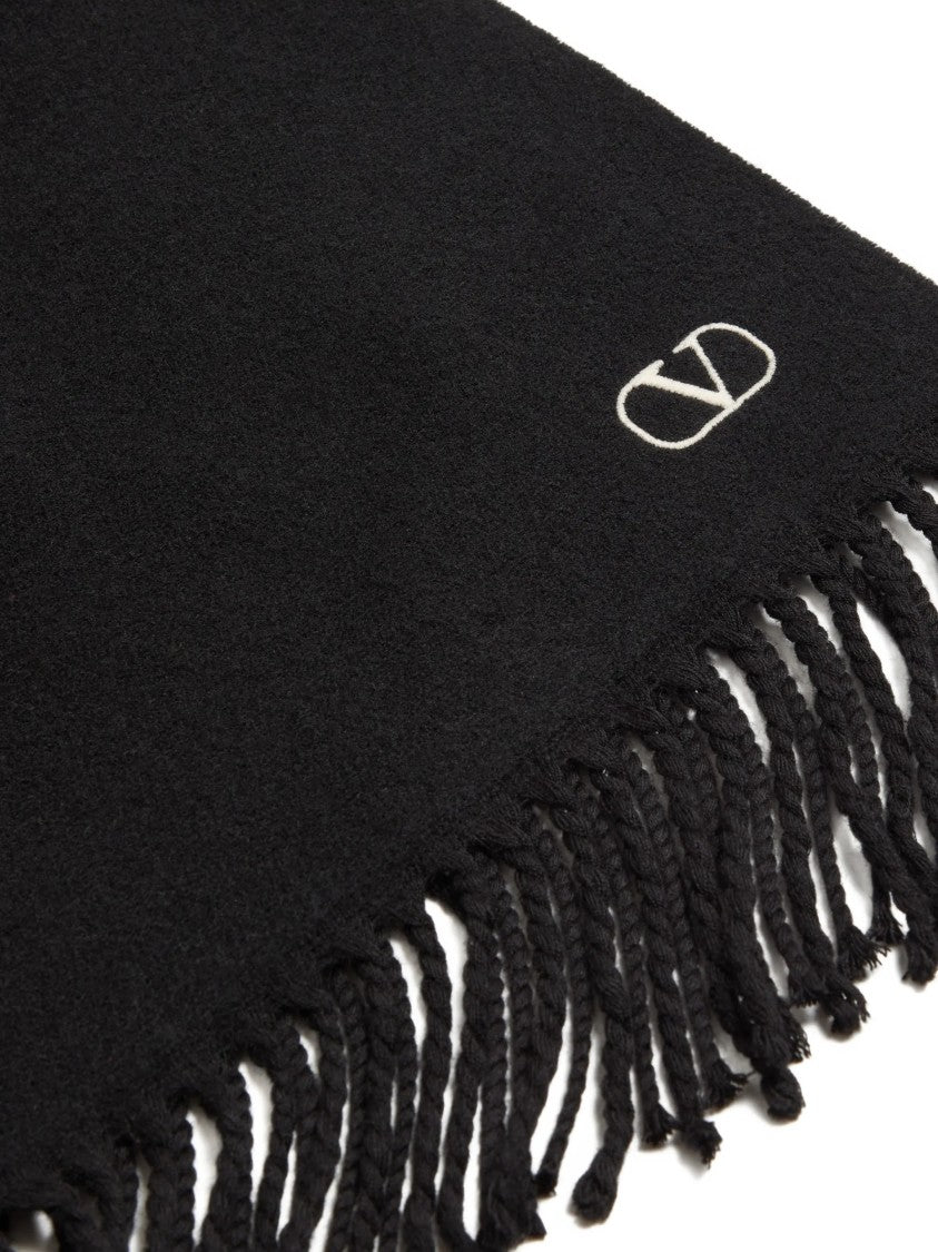 Valentino Fringed Black Wool Scarf With Minimalist Embroidery