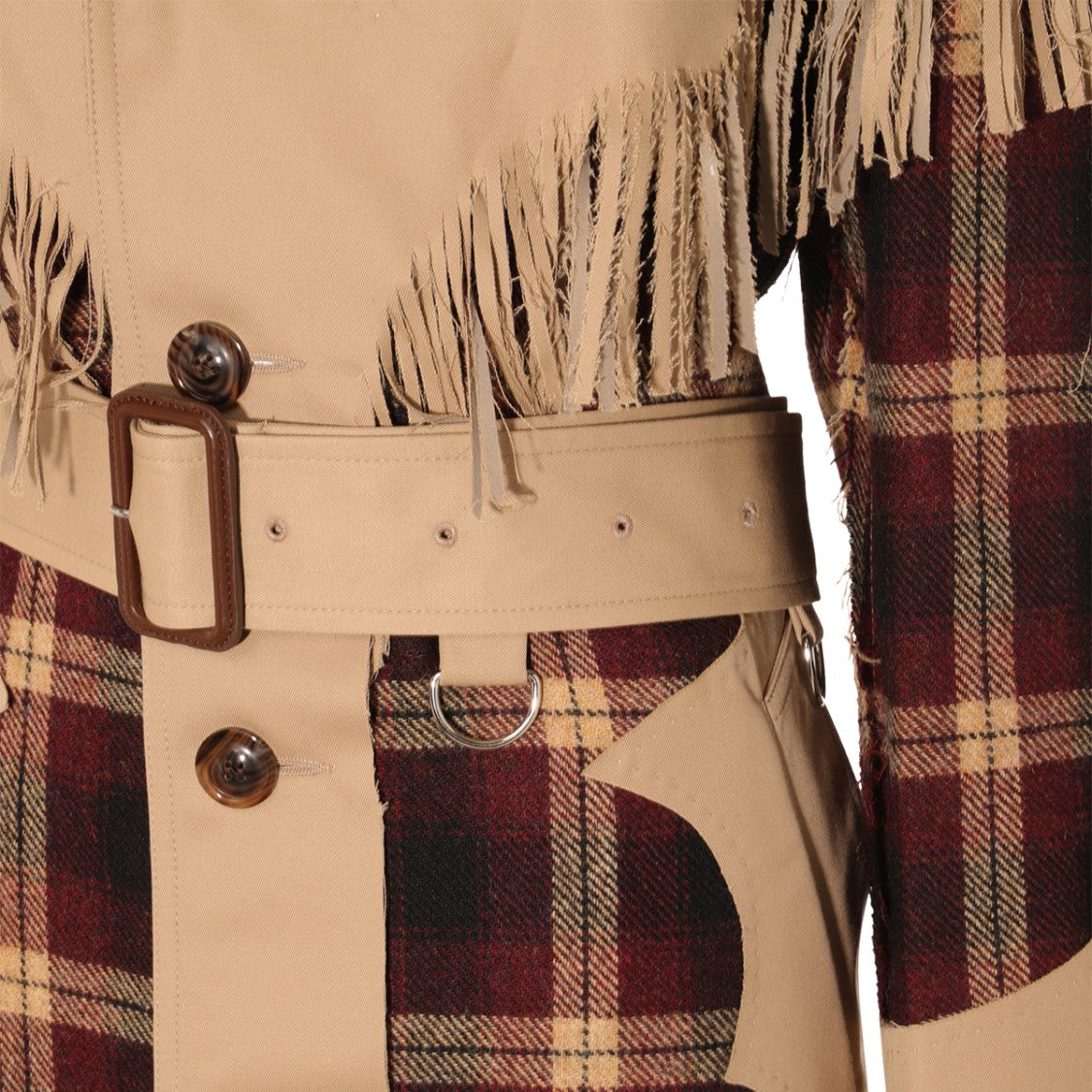 Maison Margiela Fringed Cape Overcoat With Check Pattern And Belted Waist