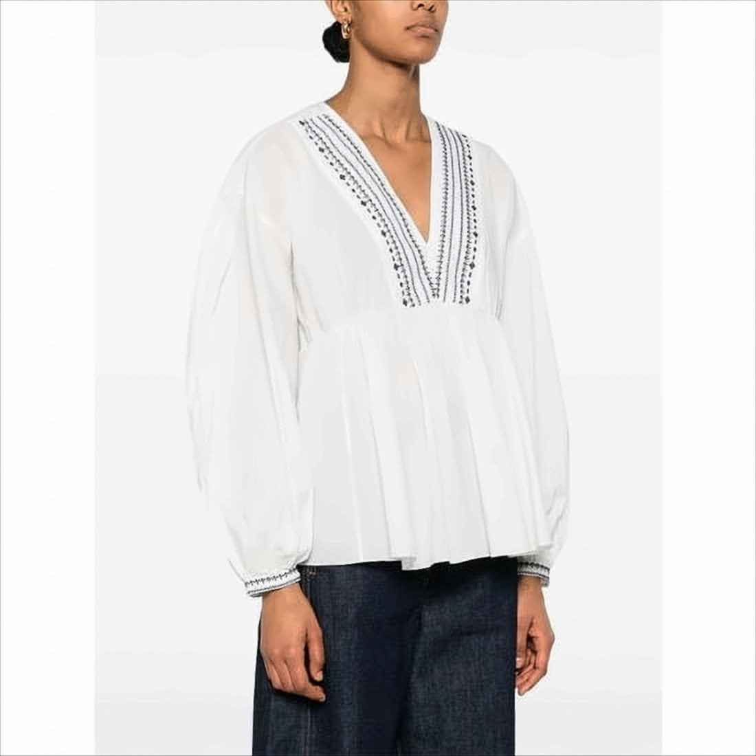 A.P.C. Flowing White Blouse With Blue Embroidery