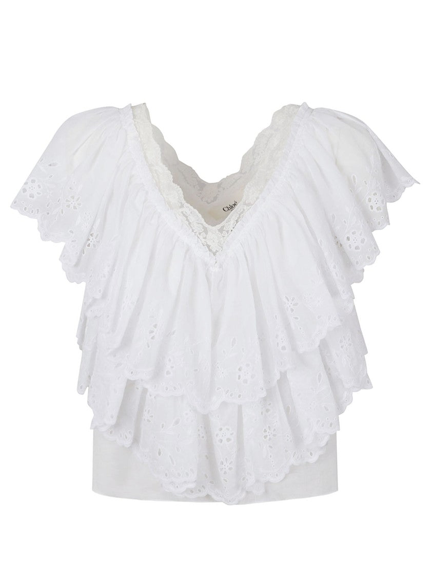 Chloé White Cotton Voile Ruffle Top