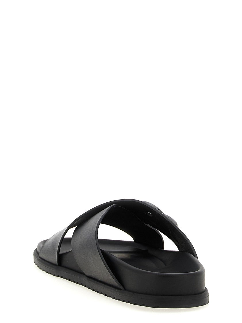 Dolce & Gabbana Calfskin Leather Slides With Cut-Out Metal Logo