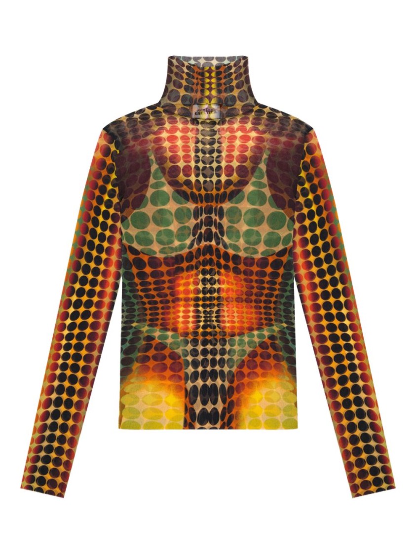 Jean Paul Gaultier Long-Sleeve High Neck Top With Optical Illusion Pattern