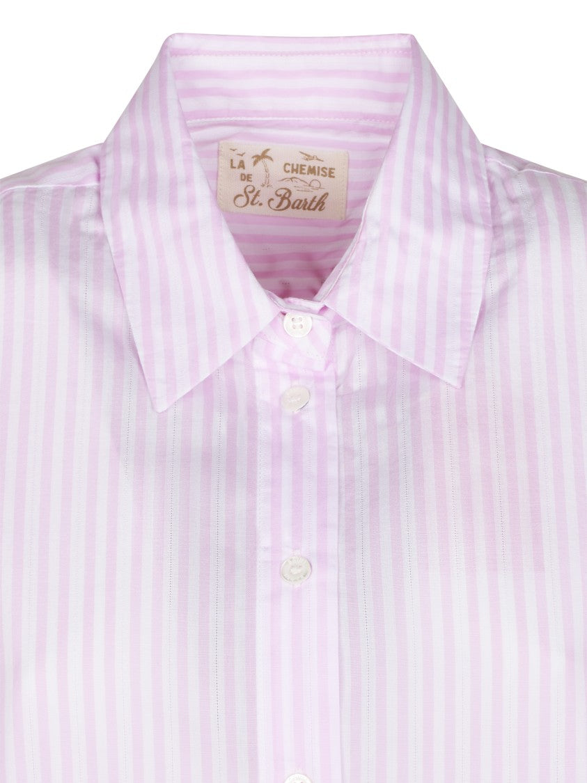 Mc2 Saint Barth Vertical Stripe Long Shirt With Embroidered Yoke