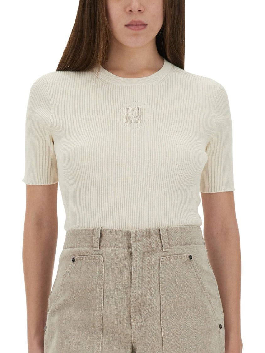 Fendi Ribbed Cotton T-Shirt With Subtle Logo Detail