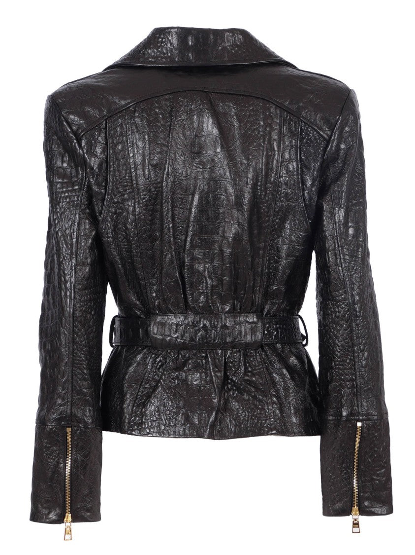 Elisabetta Franchi Textured Sheepskin Leather Jacket With Asymmetrical Zipper