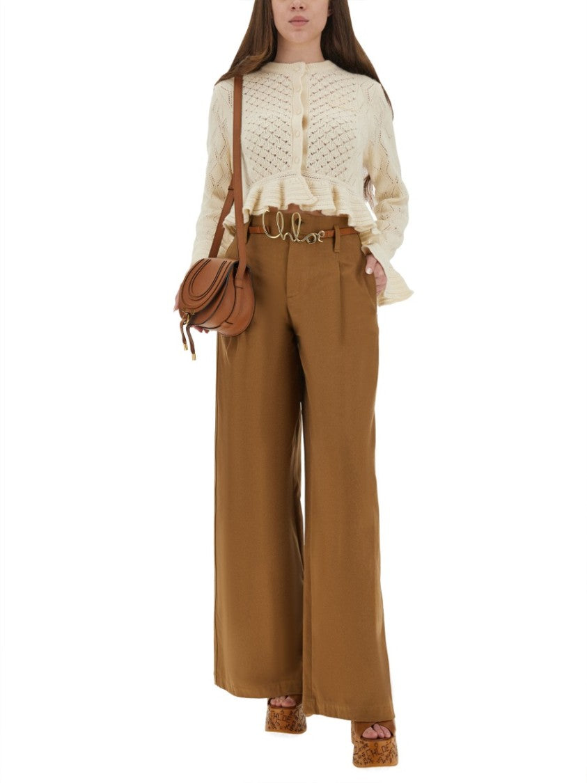 Chloé Intricate Crochet Knit Cardigan With Ruffled Hem And Flared Cuffs