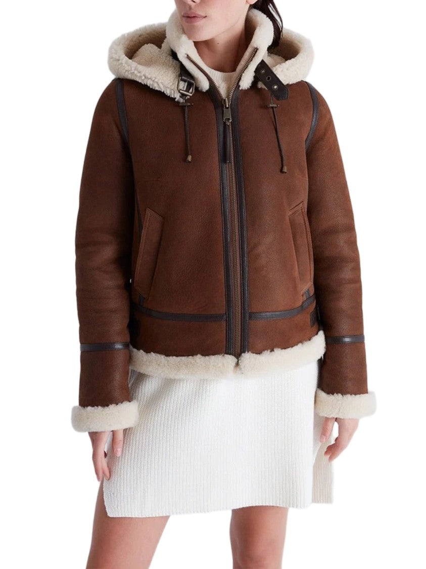 Bigardini Brown Shearling Jacket With Plush Cream Lining And Hood