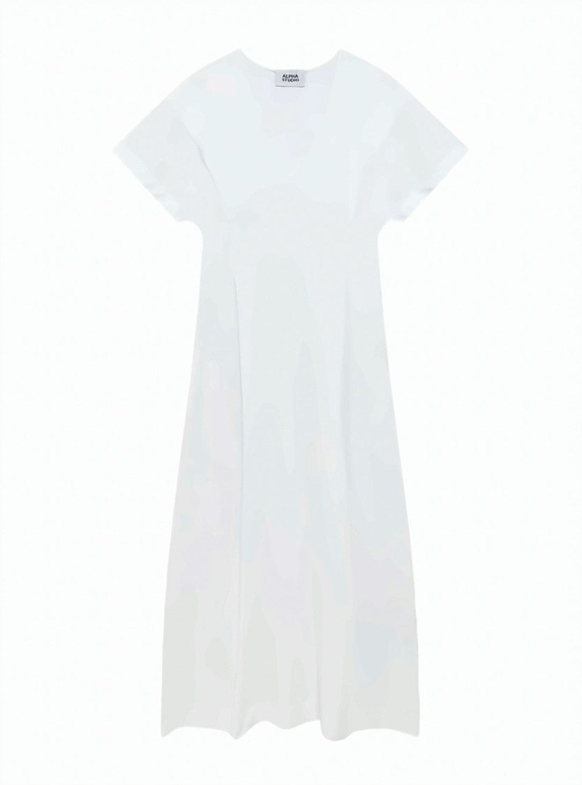 Alpha Studio V-Neck Poplin Inset Stretch Cotton Midi Dress