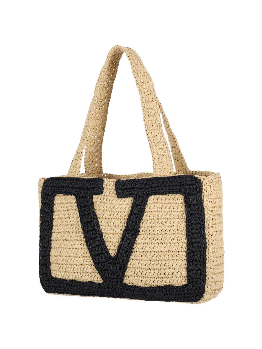 Valentino Garavani Woven Beige Tote Bag With Prominent Vlogo Signature