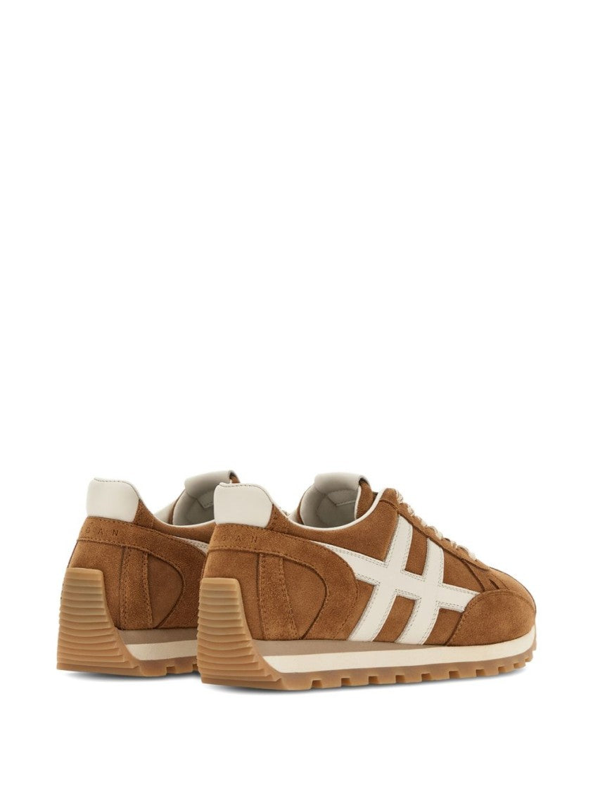 Hogan Brown Suede Flats With White Leather Accents And Rubber Sole