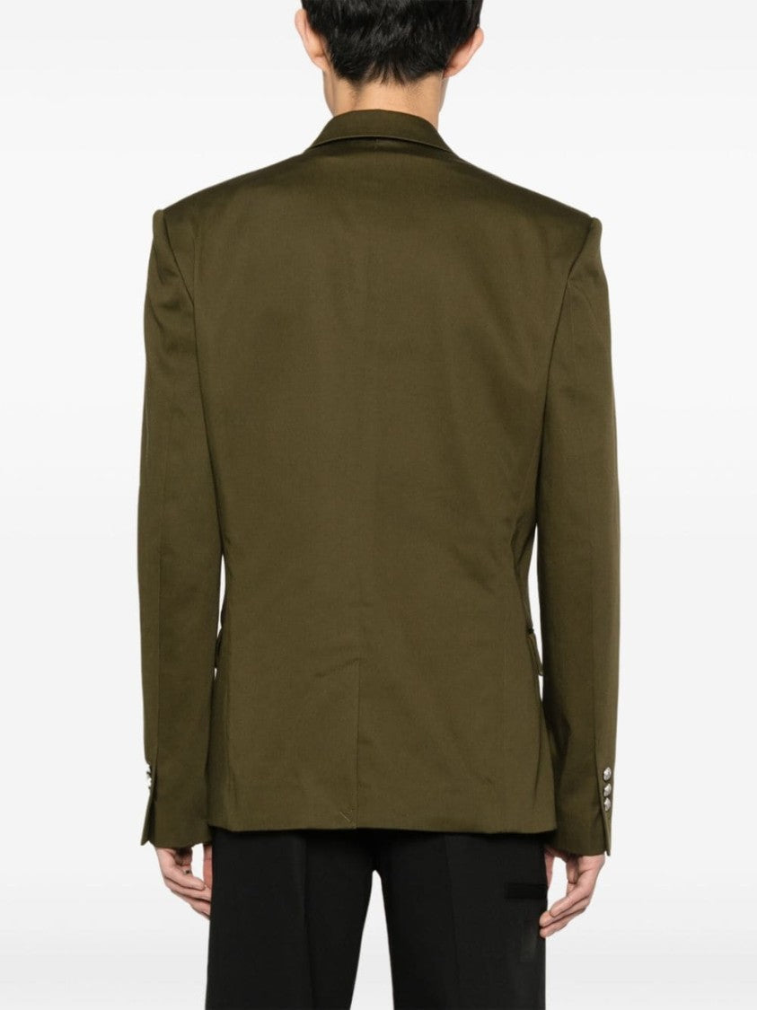 Balmain Peak Lapel Olive Green Cotton Gabardine Blazer