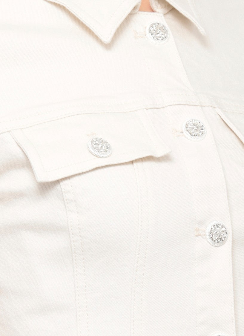 Self-Portrait Ivory Denim Mini Dress With Structured Collar And Lace Trims