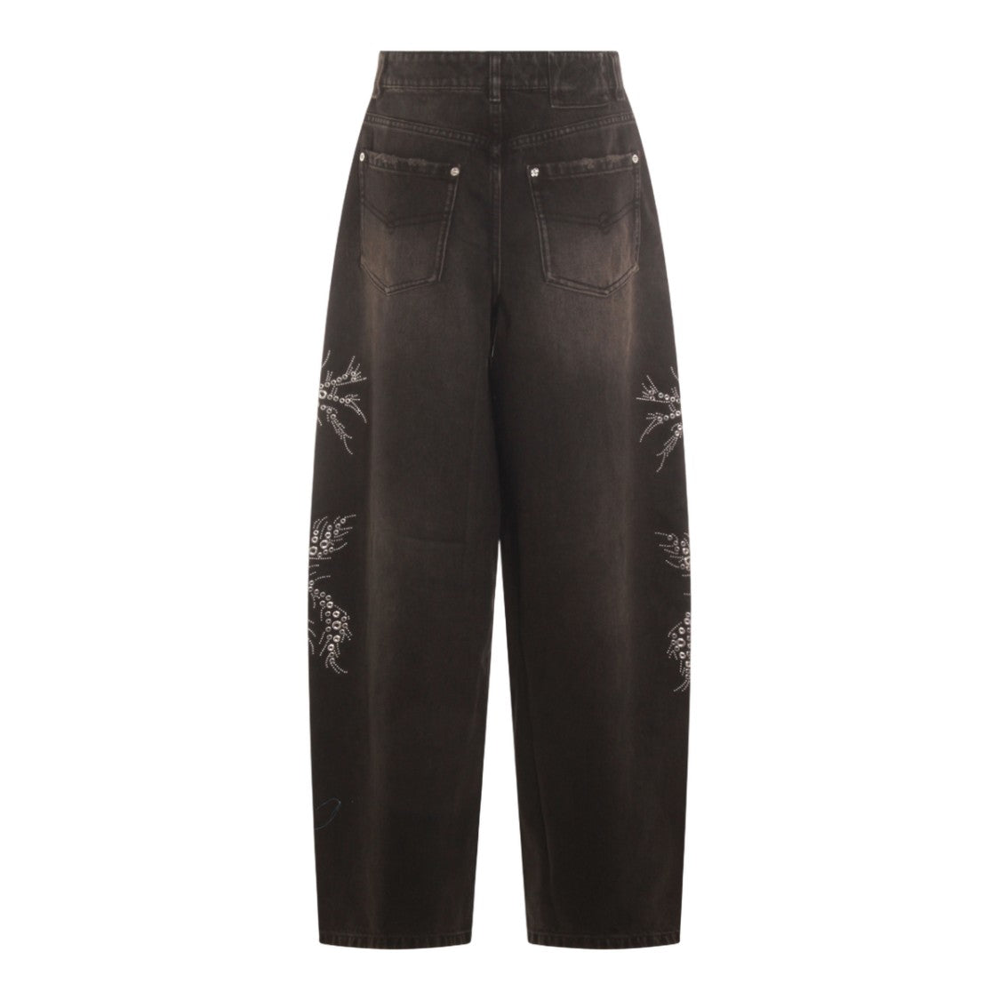 Blumarine Wide-Leg Black Jeans With Studded Floral Embellishments