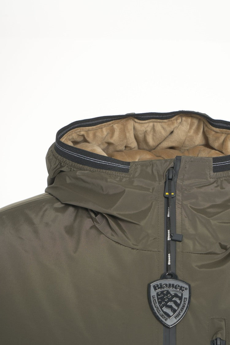 Blauer Hooded Olive Jacket With Two-Way Zipper And Functional Design