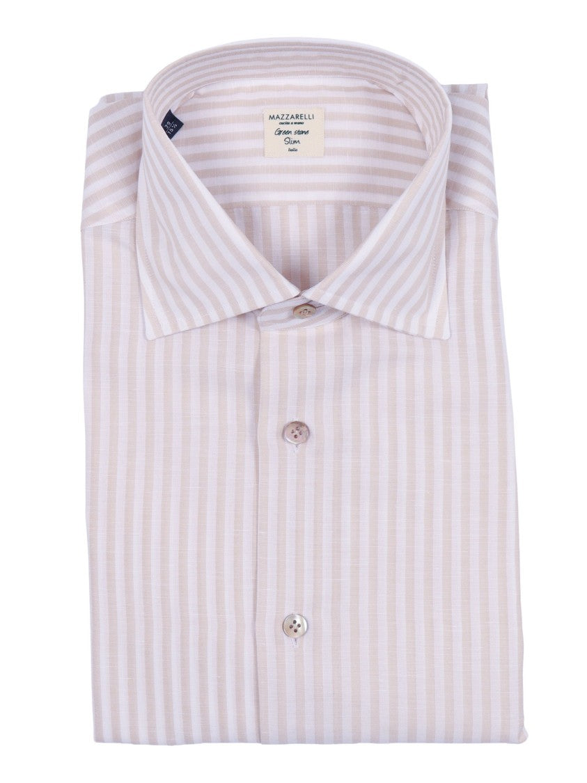 Mazzarelli Camicie Beige Striped Linen Cotton Shirt