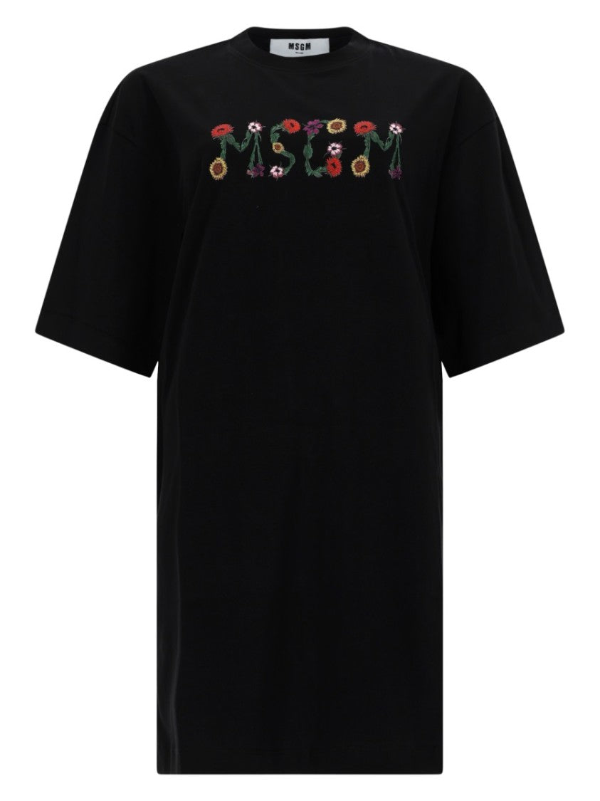 Msgm White Floral Embroidered T-Shirt Dress