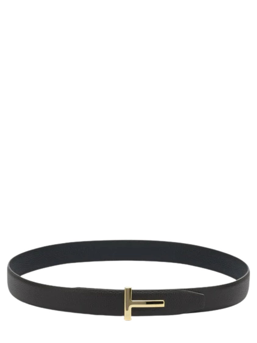 Tom Ford Black Leather Belt With Textured Finish And Gold-Tone Buckle