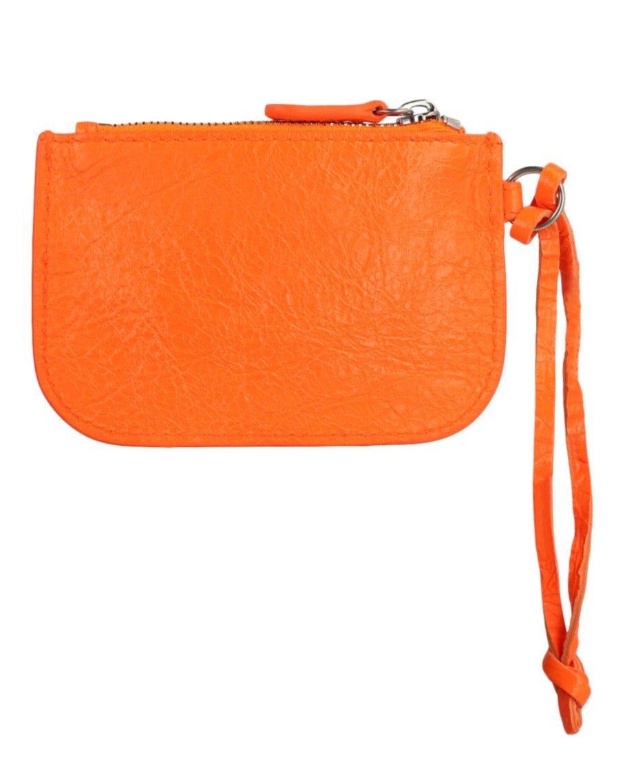 Balenciaga Orange Pebbled Leather Coin Purse With Stud Accents