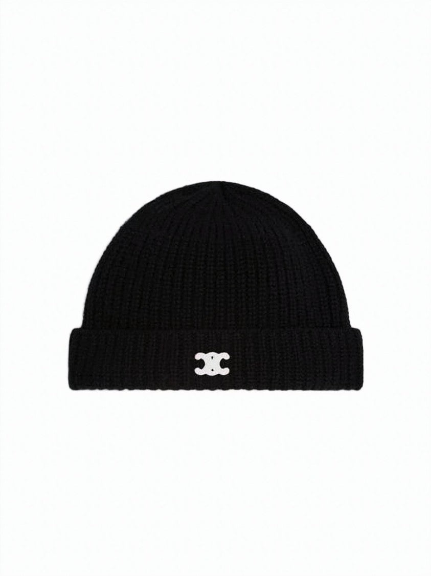 Celine Ribbed Cashmere Beanie With Folded Cuff And Emblem