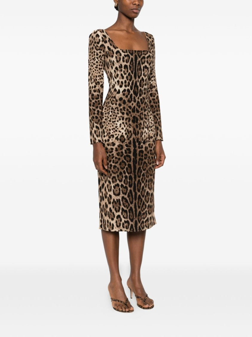 Dolce & Gabbana Leopard Print Square Neck Midi Dress