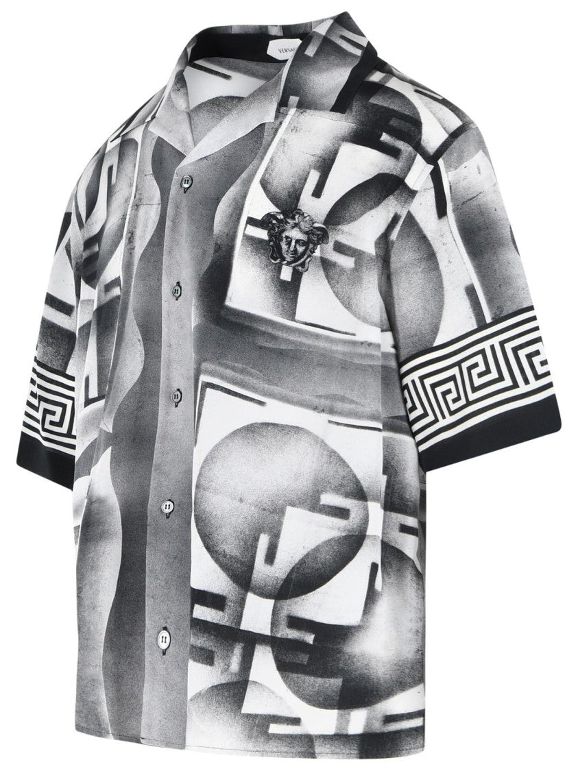 Versace Open Collar Black Silk Shirt With Geometric Print