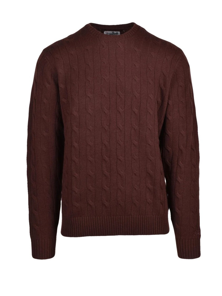 Mc2 Saint Barth Brown Merino Wool Cable Knit Crewneck Sweater
