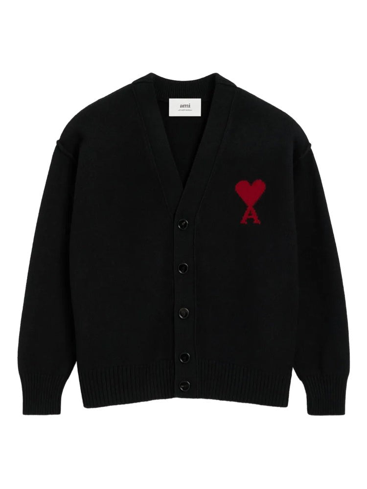 Ami Paris Black V-Neck Emblem Wool Cardigan