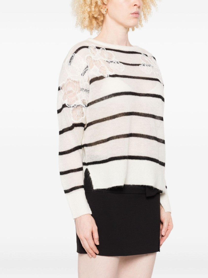 Twin-Set Off-White Knit Sweater With Black Stripes And Lace Embellishments