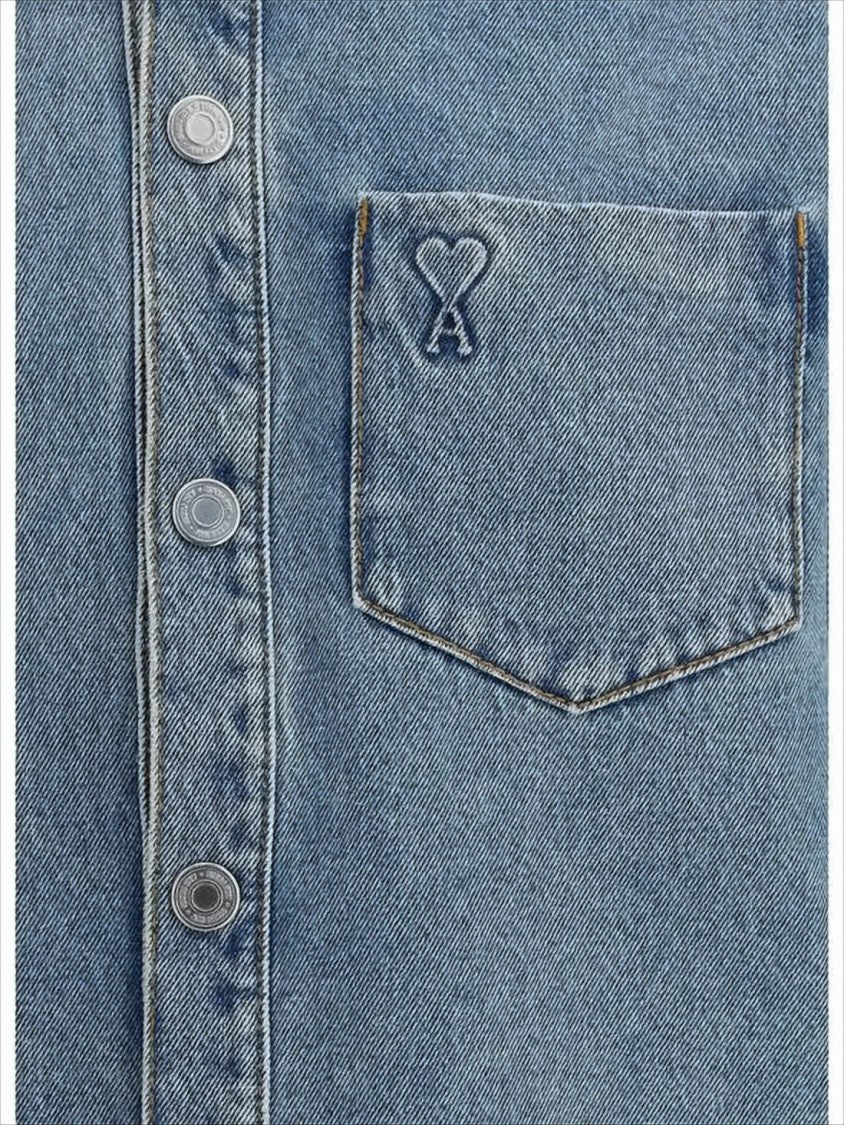 Ami Paris Denim Shirt With Classic Collar And Embroidered Detailing