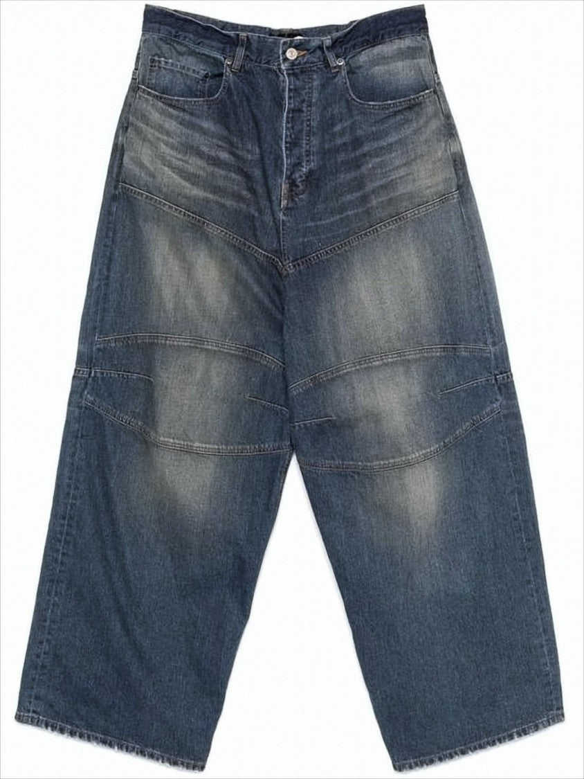 Balenciaga Wide-Leg Distressed Denim Pants With Horizontal Seam Detailing