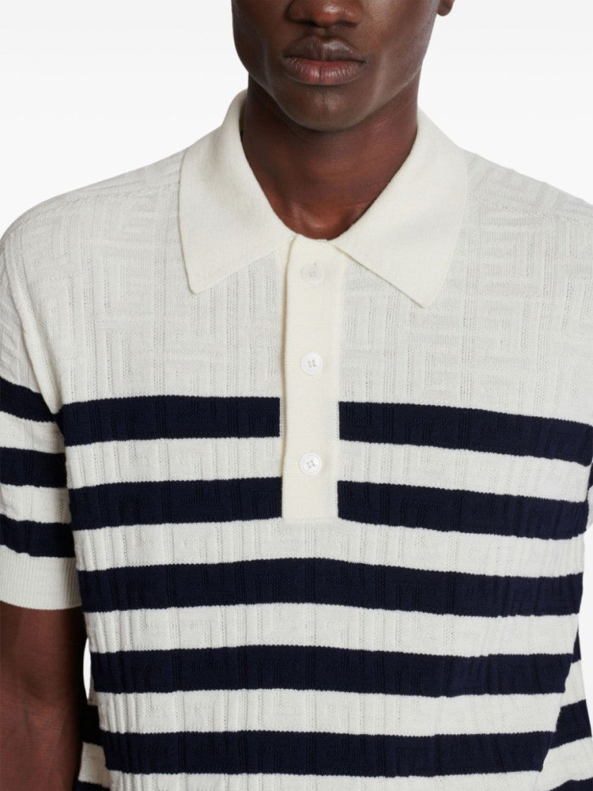 Balmain White Knitted Monogram Virgin Wool Polo Shirt