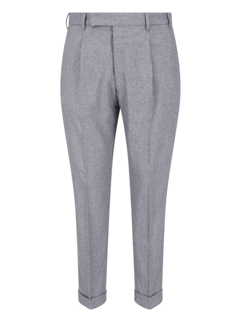 Pt Torino Grey High-Waisted Pleated Wool-Cashmere Formal Pants