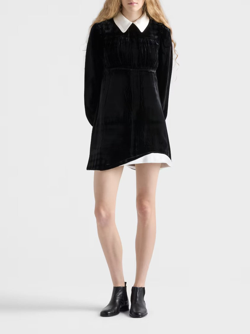 Prada Black Velvet Puffed-Sleeve Mini Dress