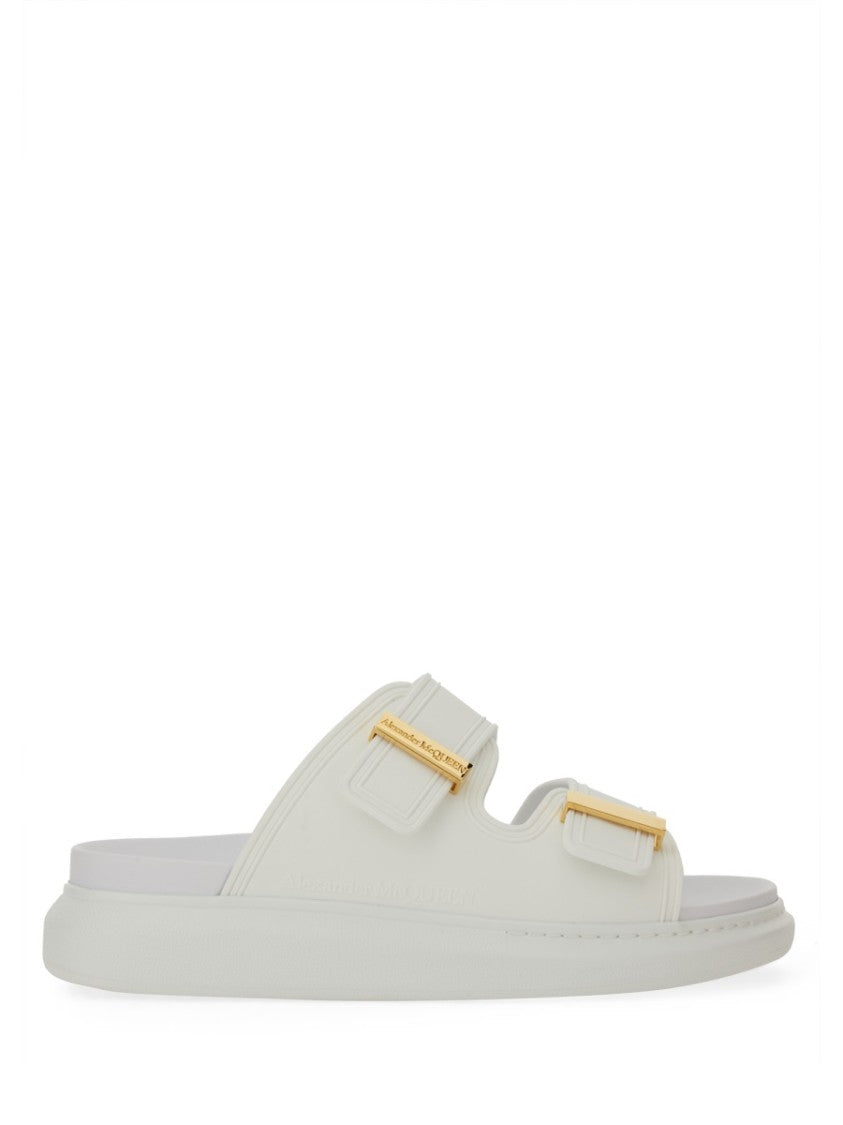 Alexander Mcqueen Gold Oversized Buckles Slide Sandals