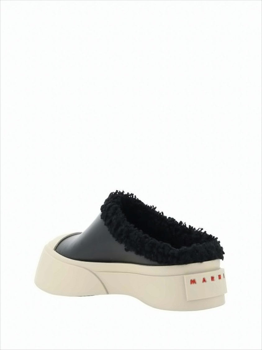 Marni Smooth Leather Mule With Textured Trim And Rubber Sole
