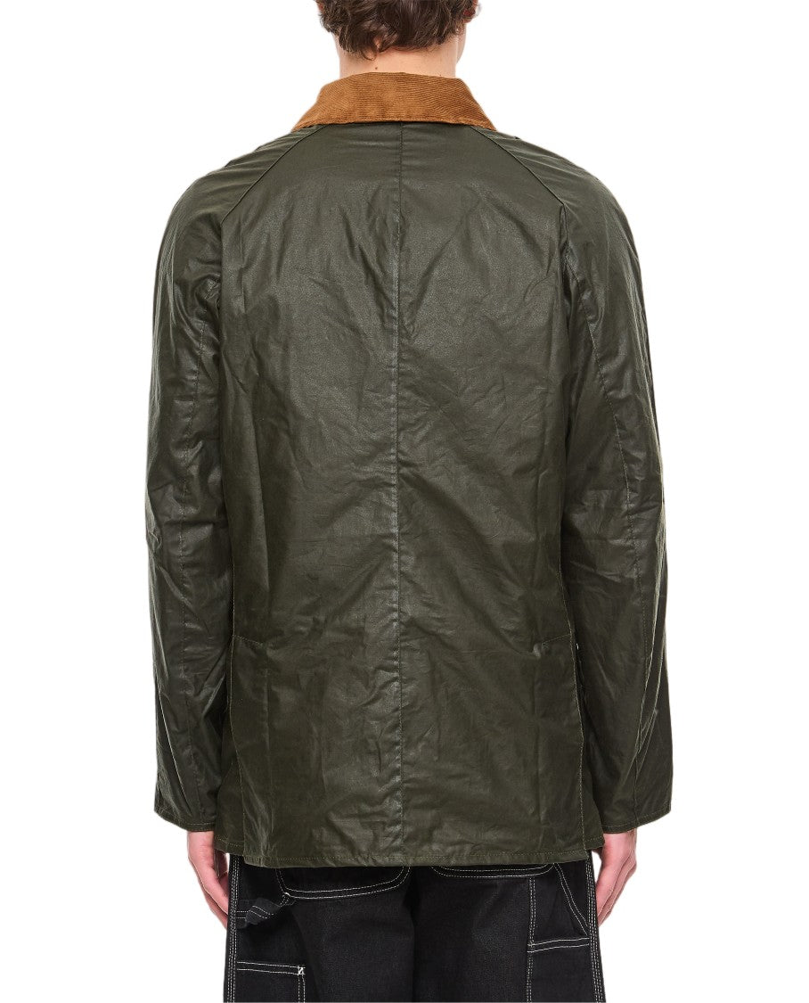 Barbour Dark Green Waxed Jacket With Ribbed Point Collar