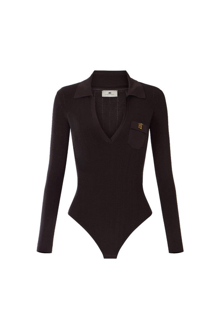 Elisabetta Franchi Brown Lyocell-Blend Ribbed Bodysuit