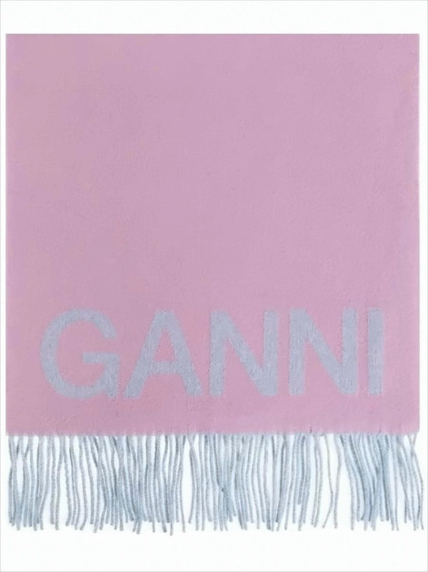 Ganni Pastel Pink Scarf With Light Blue Fringed Edges